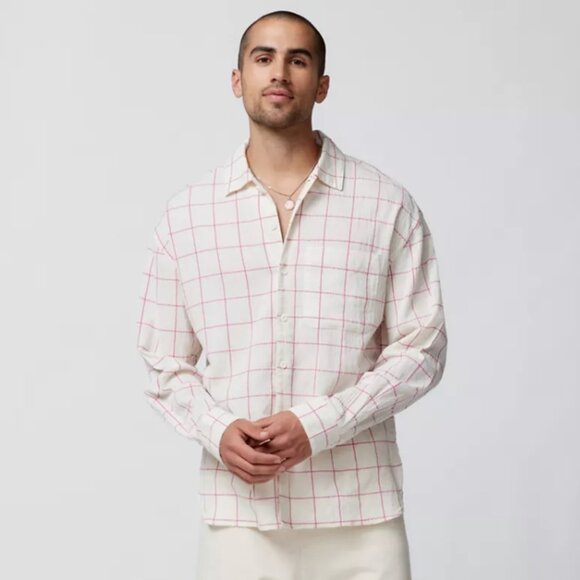 NWT Urban Outfitters Men's Button-Down Cream Windowpane Casual Shirt Caden Large - Picture 3 of 8